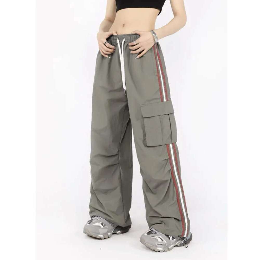Y2k Kpop Cargo Pant Women Drawstring Pockets Wide Leg Chic Punk Pants Baggy Striped Sports Sweatpants Parachute Jogger Trousers