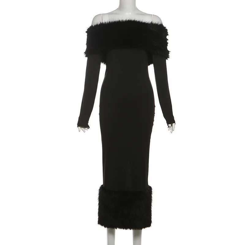Dongdumaoyi Townlike Midi Long Slim Bodycon Dress Women Off Shoulder Autumn Winter Fur Collar Nightclub Sexy Party Dresses
