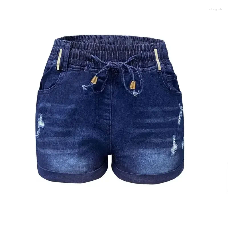 CNLONGBIDA Women's Shorts Women Elasticized Waist Lace-up Denim Summer Casual Slim Three Quarter Pants Fashion Female Rolled Trouser Leg Mini Jea