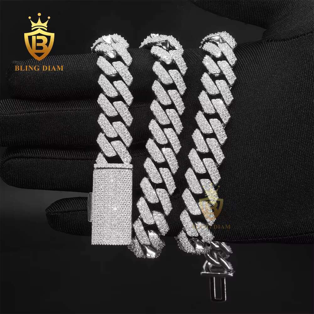 GRA Certificate Miami Cuban Chain 15mm Silver Iced Out Moissanite Cuban Link Chain Hip Pop Jewelry