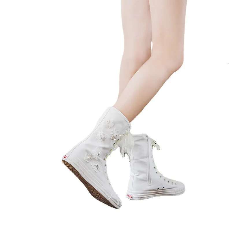 Spring new side zipper ribbon pearl butterfly flower medium canvas boots casual flat heightening large size women's shoes