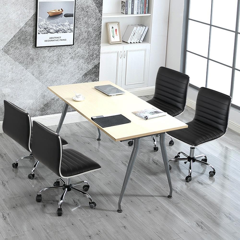 Adjustable Task Chair PU Leather Low Back Ribbed Armless Swivel Black Desk Chair Office Chair Wheels