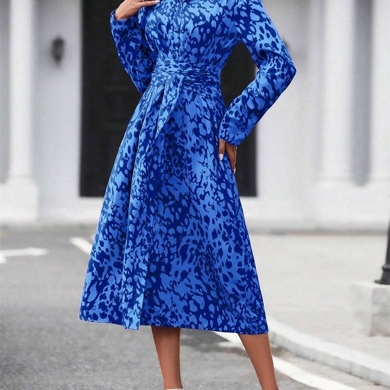 Elegant Random Print Button Down Shirt Dress Long Sleeve Belted Waist Midi Spring Fall Office Casual y251103