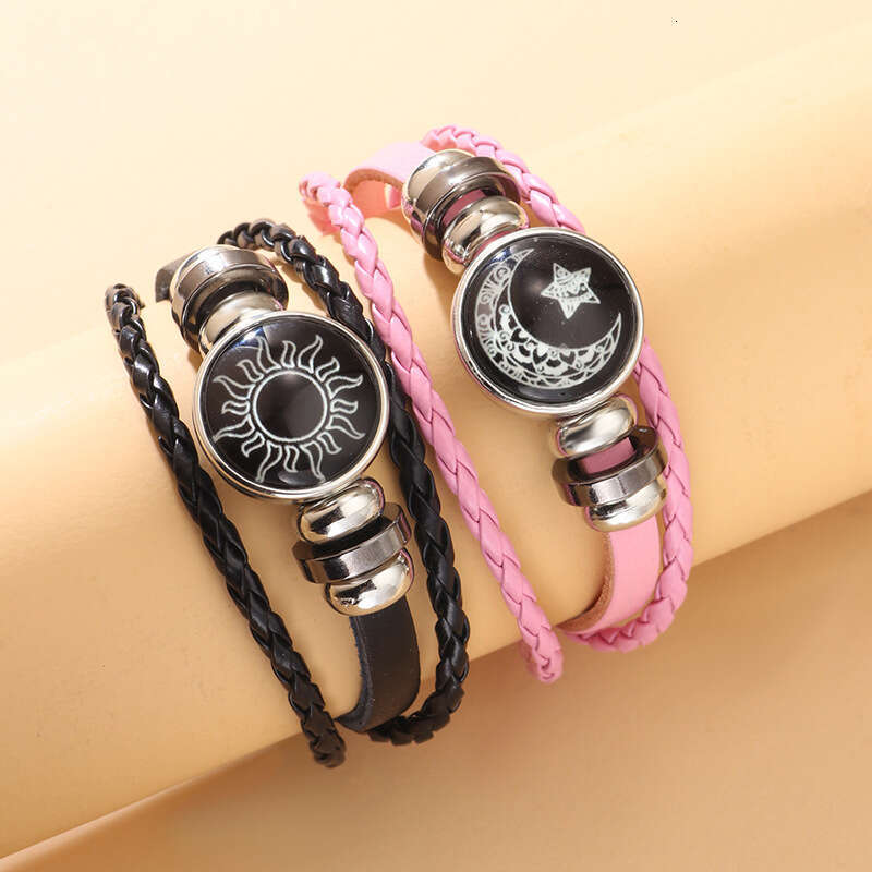 Hot selling Sun Moon Lover Time Leather Punk Multi layer Beaded Weaving Bracelet Couple Gift