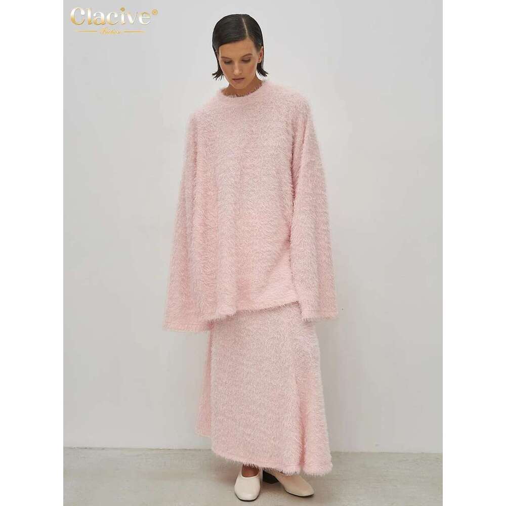 Clacive Casual Loose Pink 2 Piece Sets Women Outfit 2024 Elegant Long Sleeve Shirt With High Waist Ankle Length Skirt Set Female