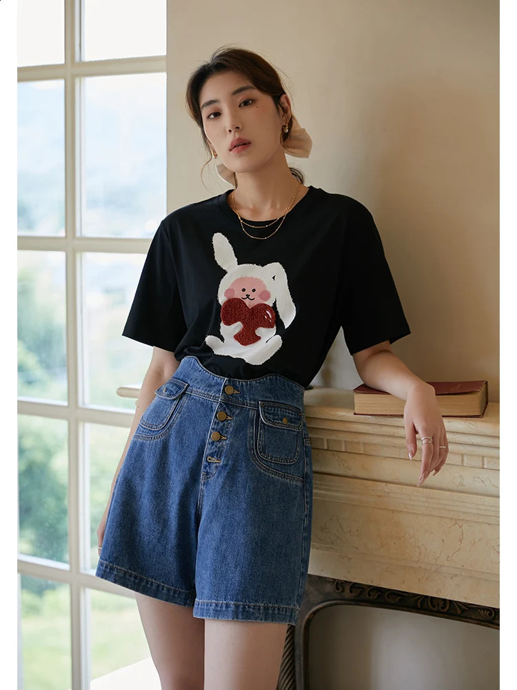 DUSHU 100% pure cotton short sleeved wave waist retro high waisted denim shorts for womens summer A-LINE fully matched casual ultra-thin denim shorts 