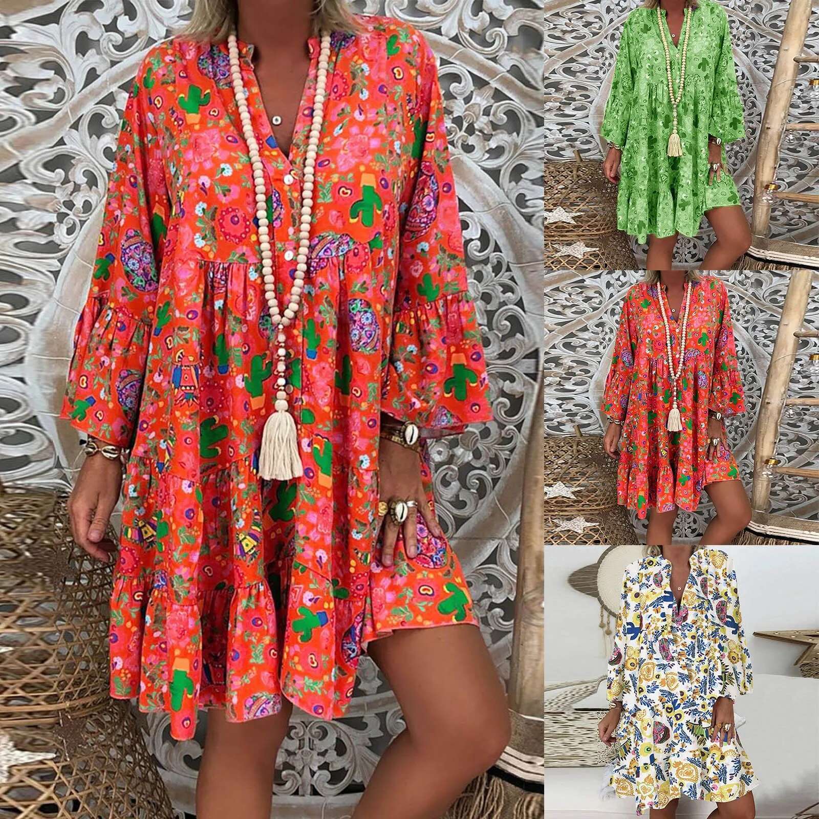 Dongdumaoyi Splicing Print Flared Long Sleeved For Women S Dresses Spring Autumn Fashion Loose Casual Plus Size Female Holiday Dress