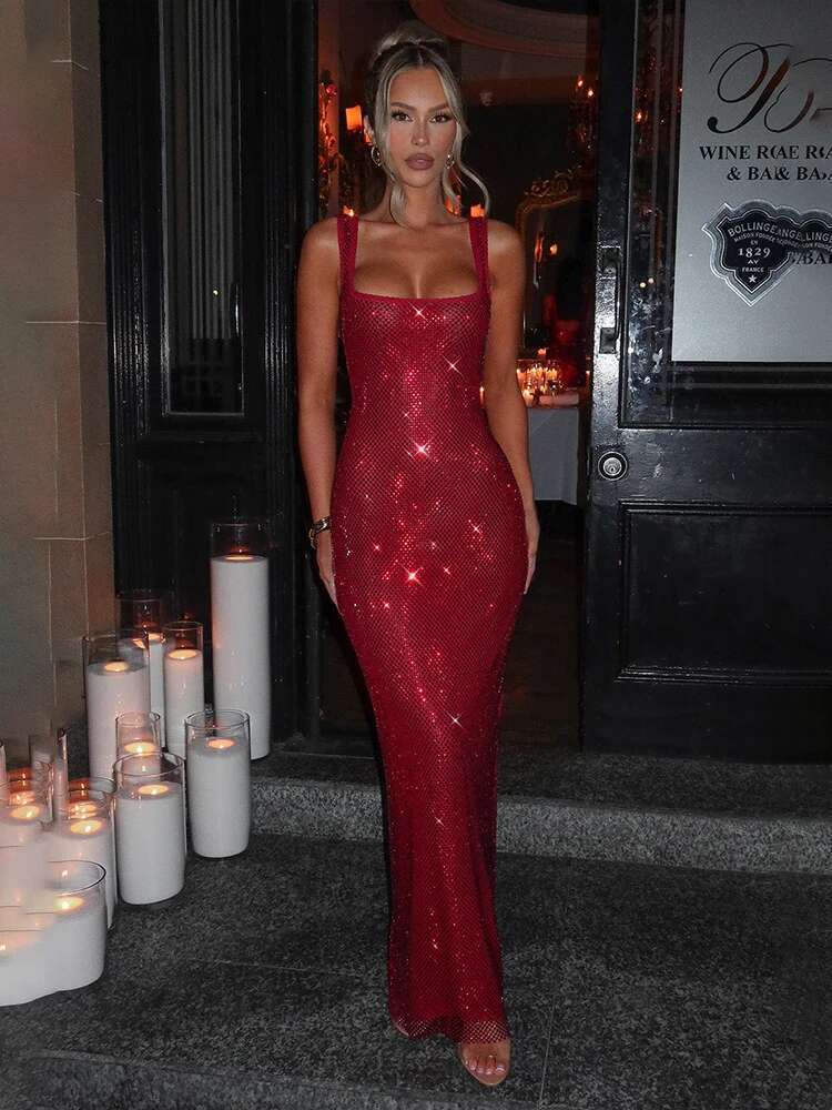 Dongdumaoyi Townlike Hot Diamonds Nightclub Sexy Party Dress Women Spaghetti Strap Spring Summer Slim Bodycon Maxi Long Dresses