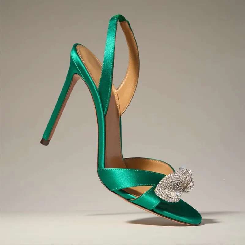 2025 summer new crystal bow tie satin open-toe sexy stilto-heeled high-heeled banquet dress small size women's sandals