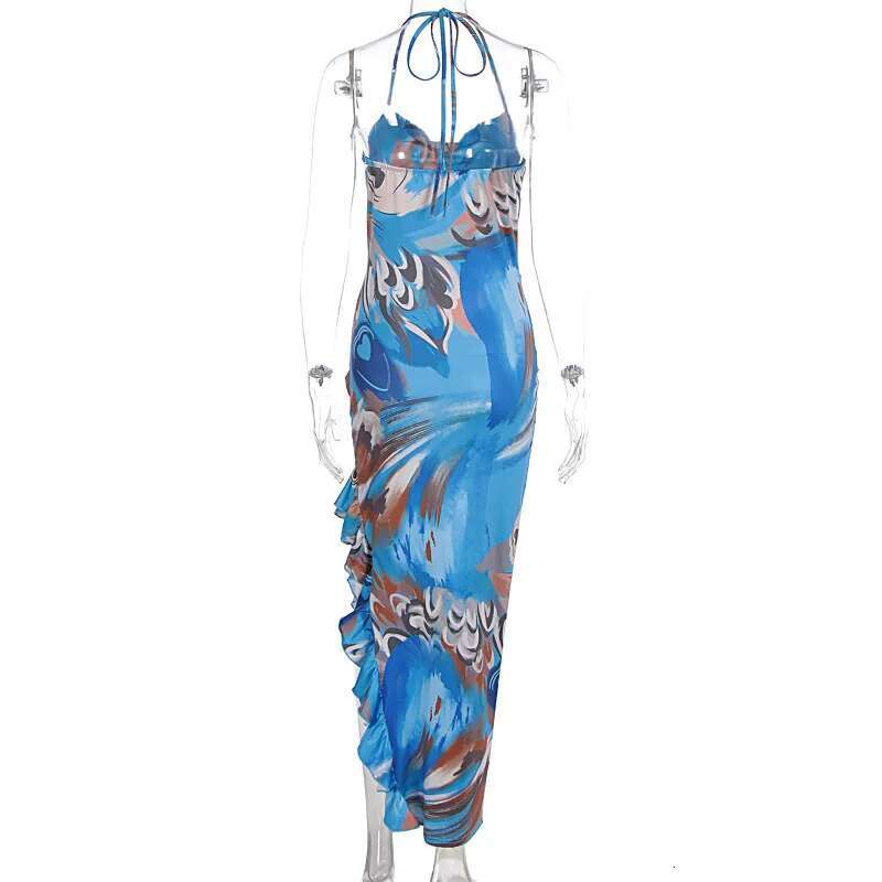 Dongdumaoyi Townlike Ruffles Asymmetric Maxi Long Dress Women Halter Spring Summer Print Backless Nightclub Sexy Party Dresses