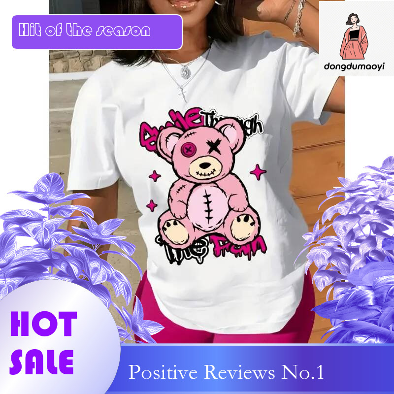 Dongdumaoyi New Bear Print Round Neck Casual Short Sleeved T Shirt Spring And Summer Women S Aesthetic Clothing Y K Street Trend Tops