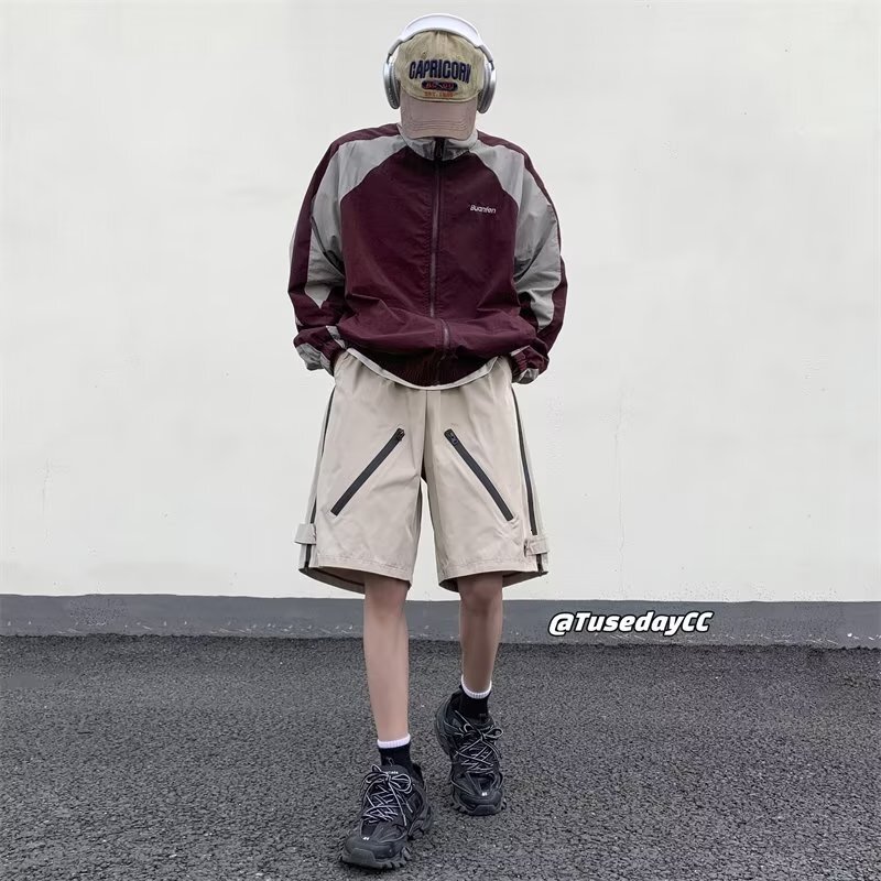 Temperament casual men's fashion trend brand sports five quarter pants, loose fit, new pocket style, trendy mid waist, youthful and popular