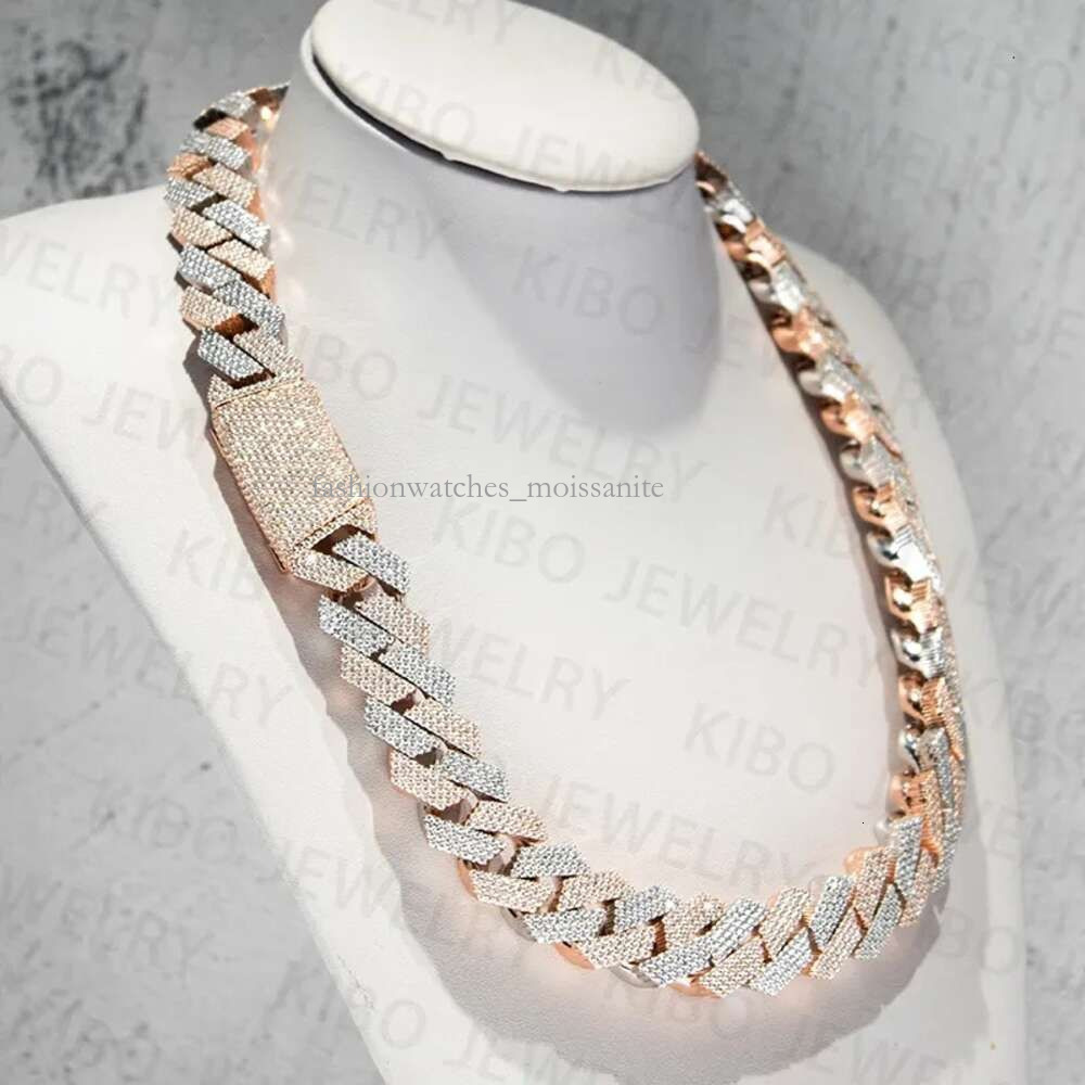 Iced Out Two Tone VVS Necklace 18K White Gold Plated with Rose Gold Large and Thick 15mm/18mm/20mm Three Different Sizes/Specifications Cuban Chain Moissanite