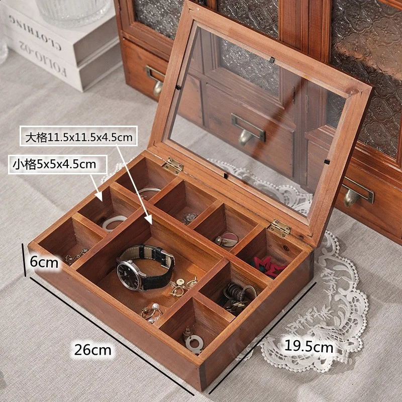 Vintage solid wood jewelry box Desktop storage box Wooden jewelry box play lattice storage box lattice glass cover wooden box 250424