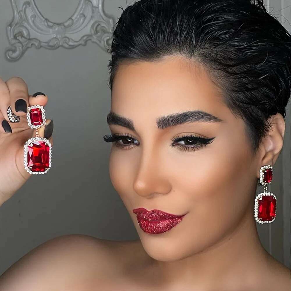 Stonefans Red Crystal Dangel for Women Wedding Square Rhinestone Drag Queen Earrings 2023 Fashion Ear Jewelry