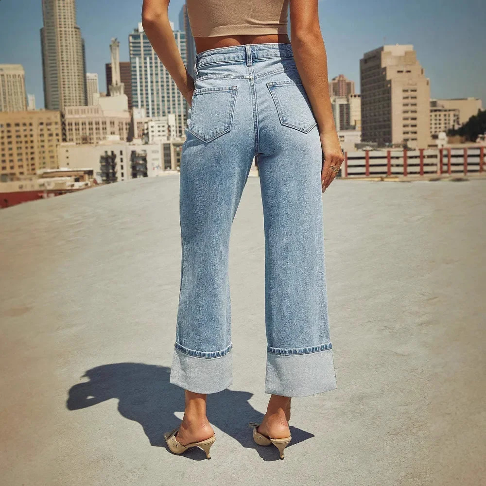 Spring 2025 womens high waisted straight leg denim jeans with elastic cuffs highquality retro style pants fashionable and casual 250420
