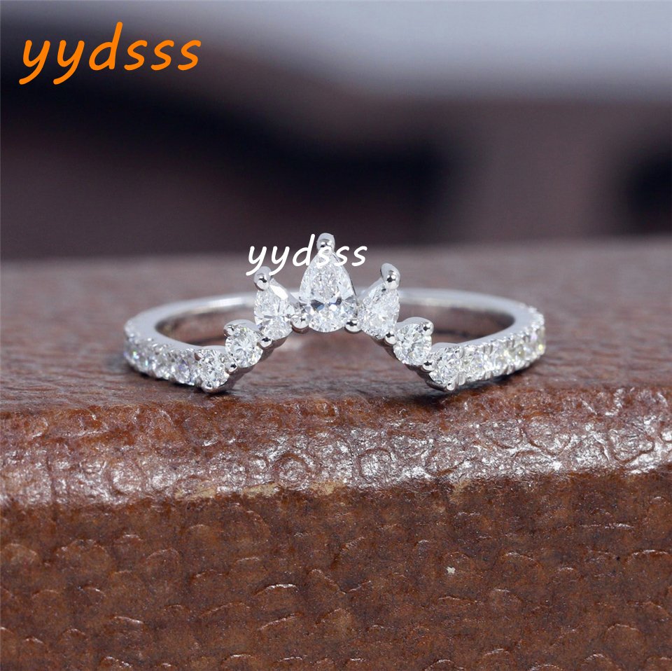 18K Solid White Gold Pear Round Diamond Curved Half Eternity Band Lab Grown Diamond HPHT CVD Wedding Band Bridal 14K Gold Set Matching Wedding Band Gi