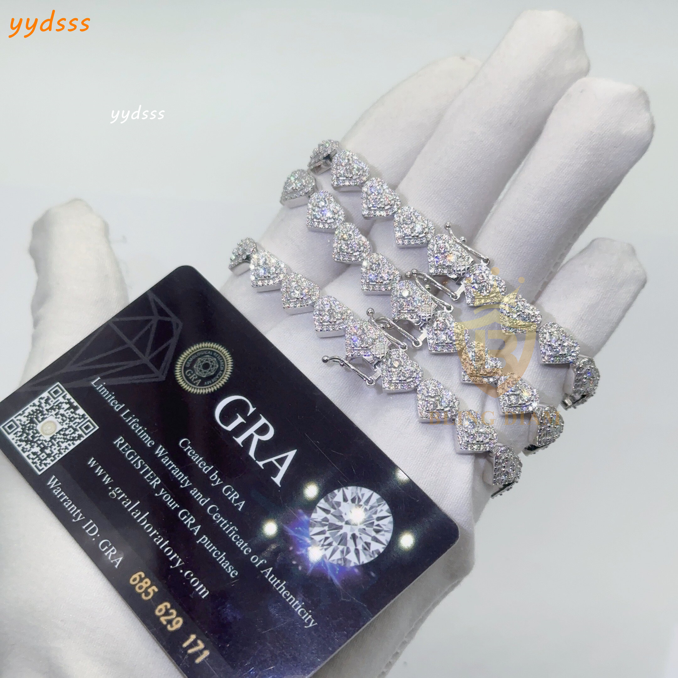 Hot Sale 8mm Fashion Hiphop Jewelry Heart Moissanite Link Cuban Chain Bracelet Ice Out 925 Sterling Silver Hip Hop Bracelet