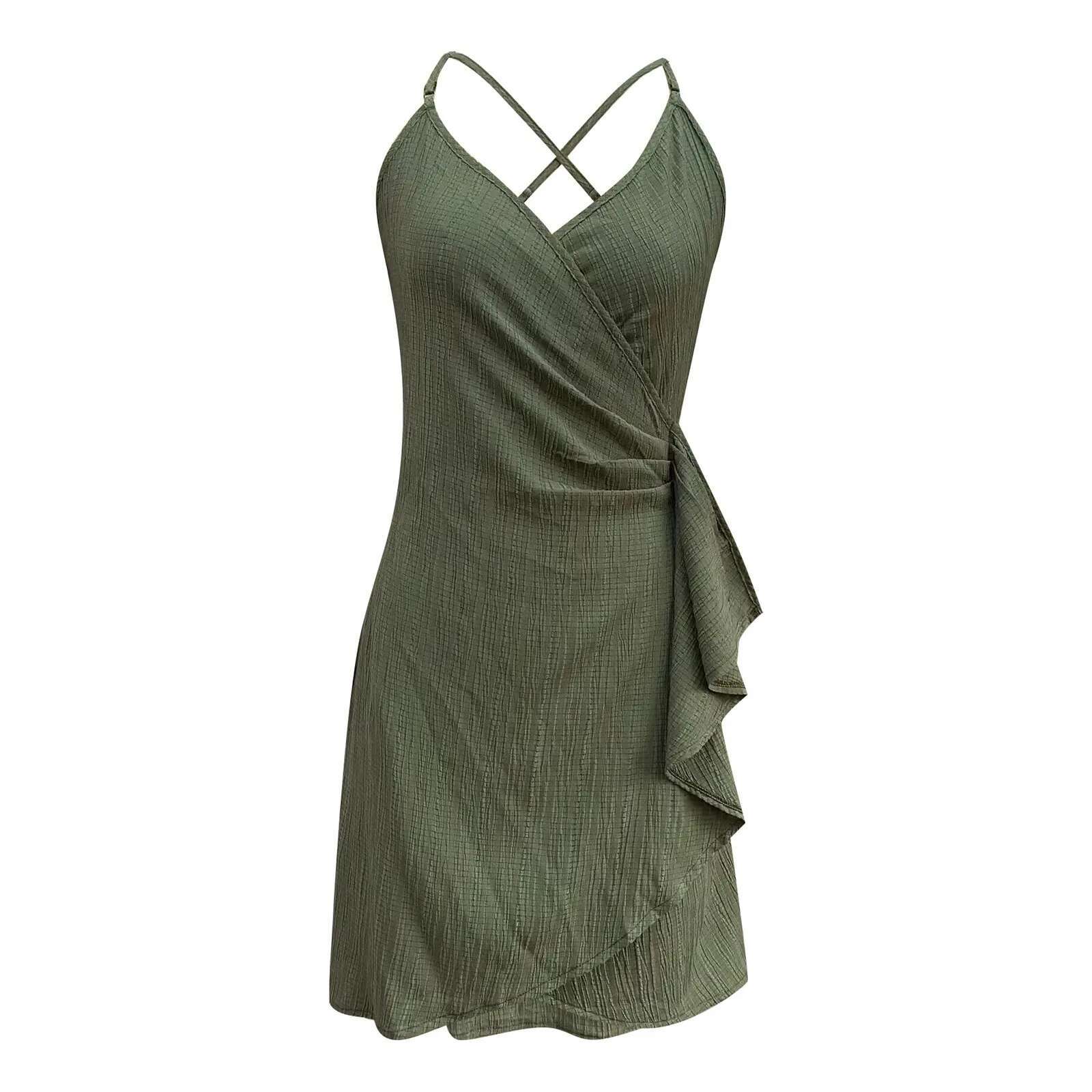 Dongdumaoyi Solid V Neck Ruffle Tie Cami Dress Summer Women S Sexy Party Sleeveless Wrap Hem Elegant Short Dresses Green