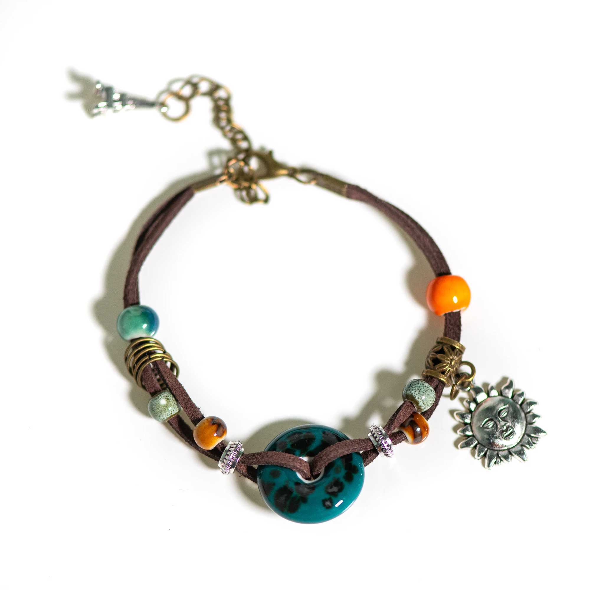 Bohemian Ceramic Sun Bracelet with Adjustable Chain Handcrafted Velvet and Alloy Design J251125
