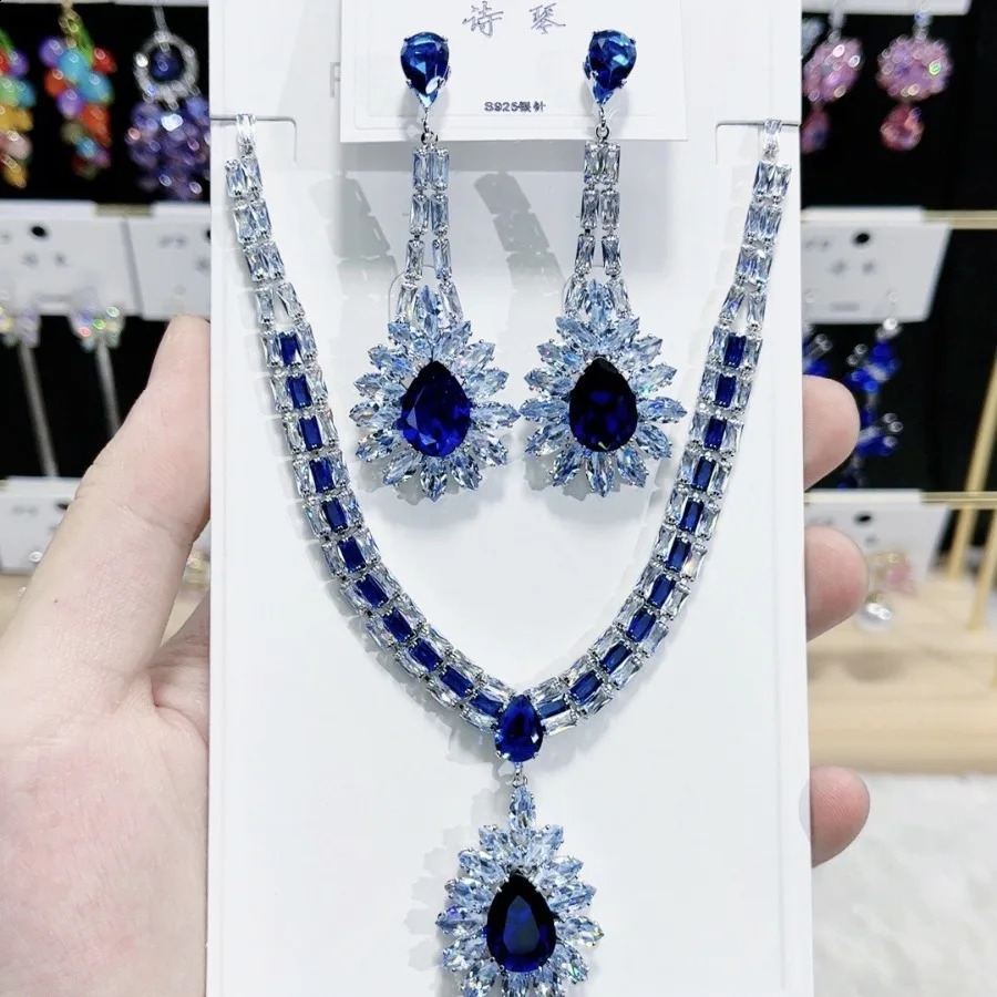 Women Fashion Zircon Pink Green Water Drop Necklace Earrings Set 2024 250417