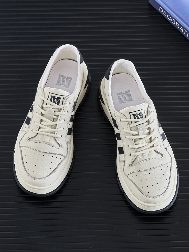 Head layer cowhide sports leisure men's shoes spring 2025 new non-slip thick bottom soft bottom male trend black and white board shoes men