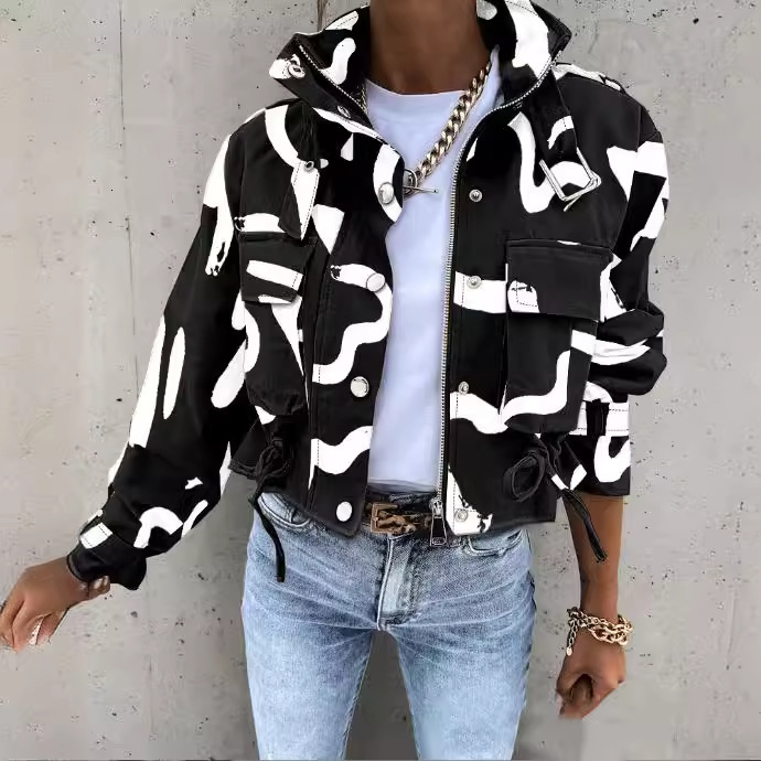 2024 new autumn and winter printed short casual jacket for women