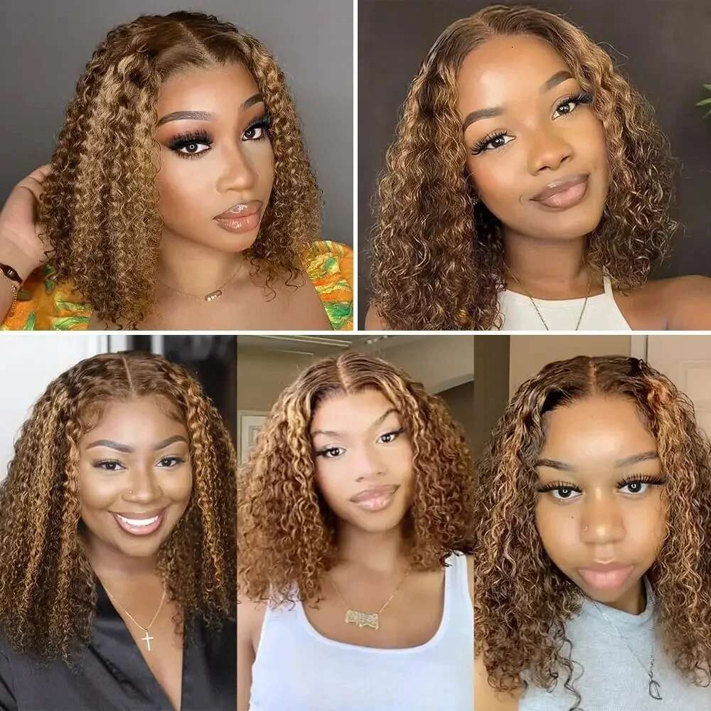Highlight Short Wave 13X4 Lace Wigs Brazilian Human Hair Deep Curly Full Frontal Bob Wig Ombre Color
