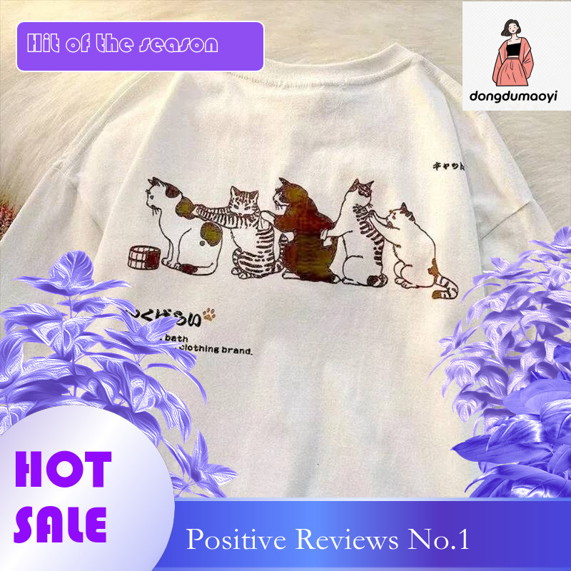 Dongdumaoyi New Summer T Shirt Ladies Fresh Couple Y K Harajuku Cute Cat Print O Neck Tops Aesthetically Pleasing Clothes Kawaii