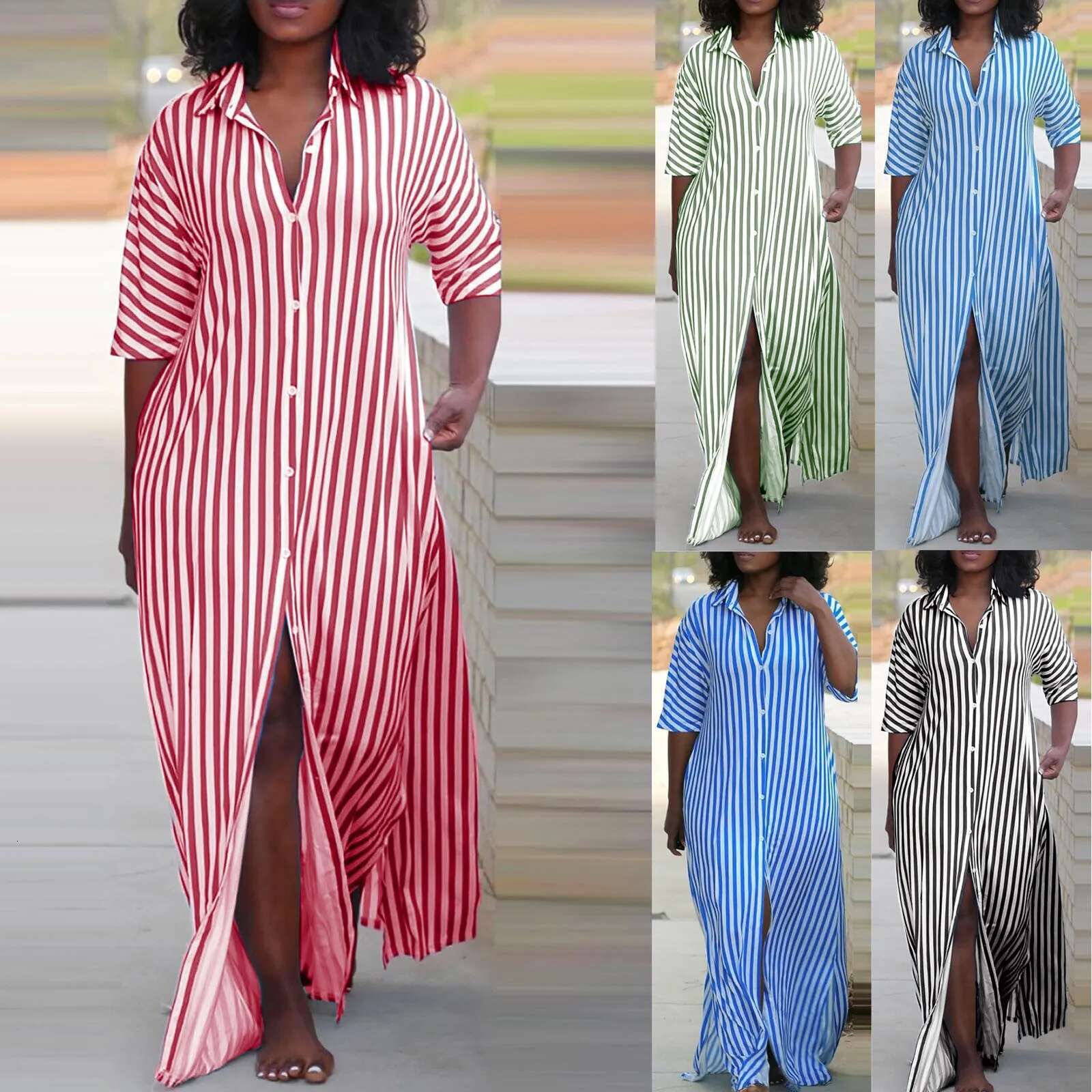 Dongdumaoyi Summer Shirt Dress Women Vintage Striped Printed Vestido Fashion Short Sleeve Robe Casual OL Irregular Knee Sundress