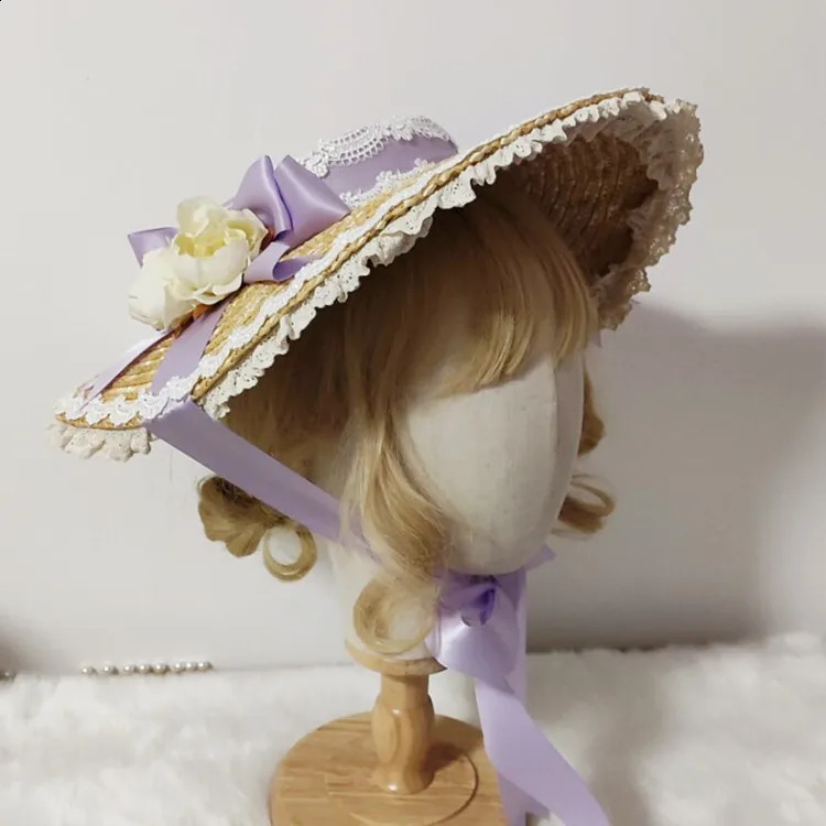 Vintage French Victorian Sweet Elegant Lolita straw Flat Top Hat Sweet Female Straw hat Rose Bow Bandge Sunhat 250420