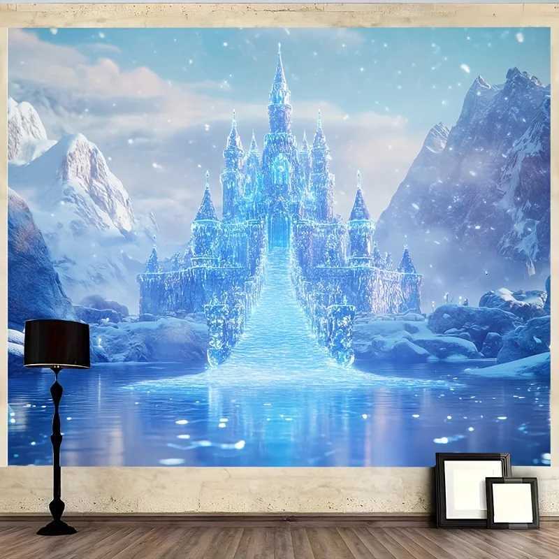 VIKAMA Ice Castle Tapestry Nordic Style Blue Glow Snowy Lake Background Wall Decor Christmas Winter Room DecorM251125