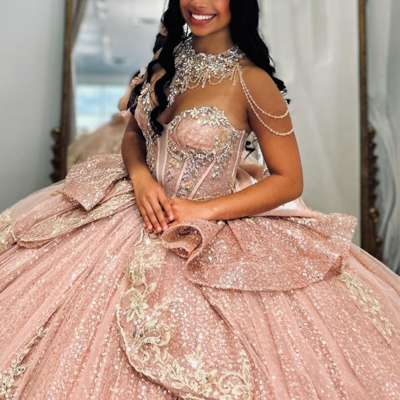 Pink Shiny Quinceanera Dresses Off Shoulder Ball Gown Sweet 16 Dress Applique Lace Beads Bow Birthday Party Vestidos 15 De Anos