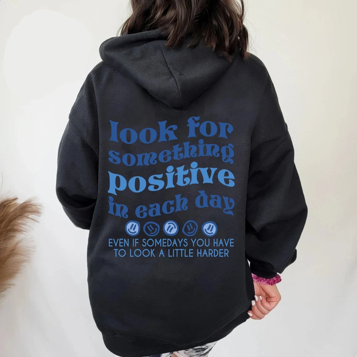 Looking for something positive every day blue printed womens hoodie suitable for unisex autumn pocket sportswear loose top 250423