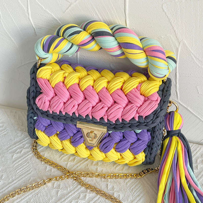 designer Hot Sale Woven Color-Block Handmade DIY Finished Fabric Strip Yarn Crochet Crossbody Bag