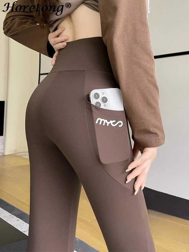 Horetong womens sports pants pockets high waisted running casual streetwear womens tight fitting sportswearC250425