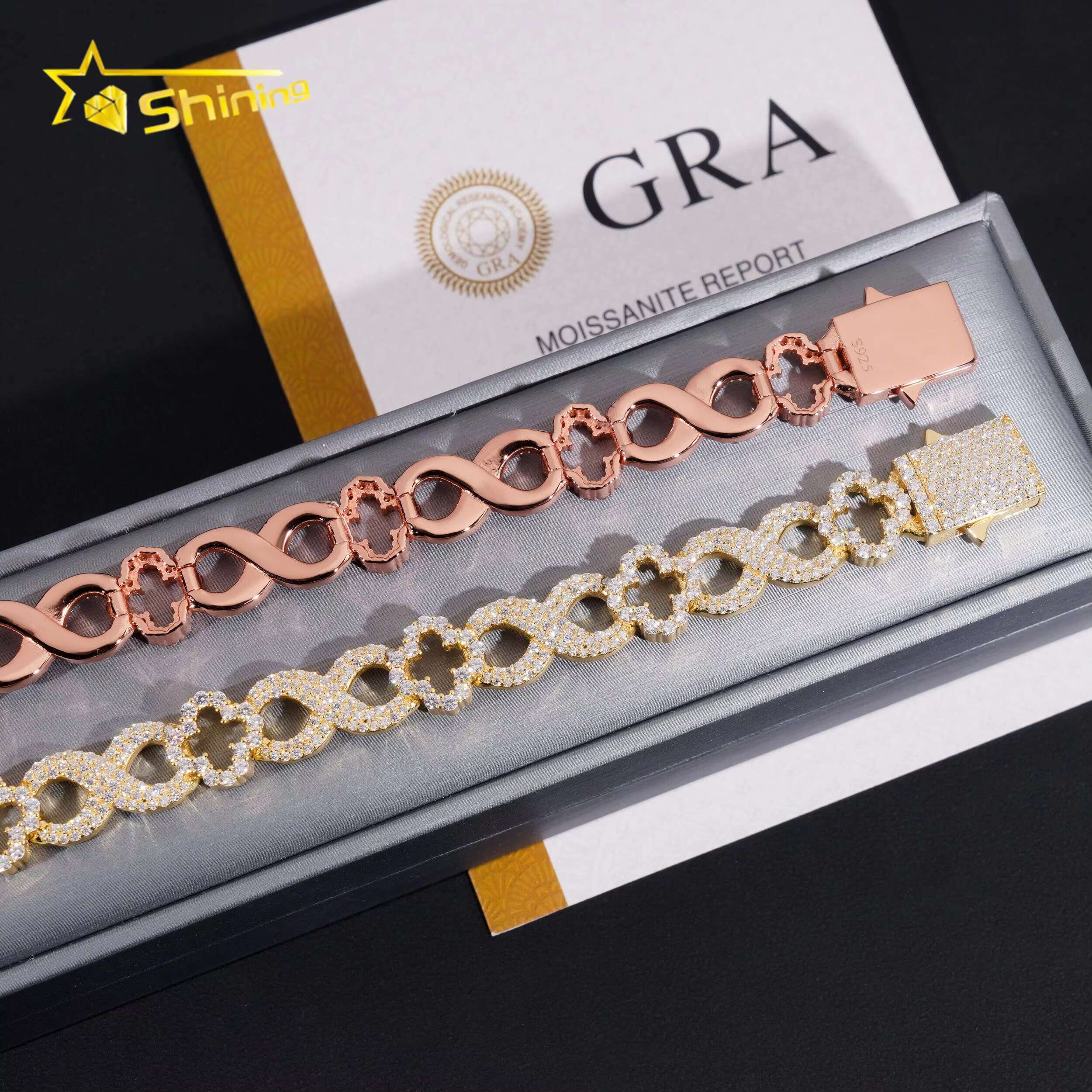 New Arrivals Hip Hop GRA Certificate 11mm 925 Silver Infinity Clover Cuban Mens Moissanite Bracelet