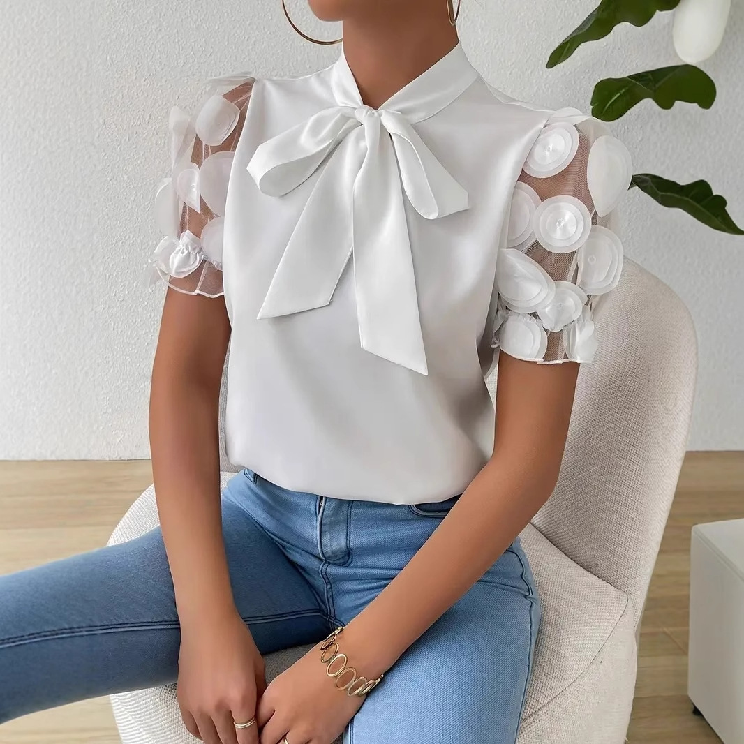 2025 New Summer Commuter Solid Color Simple Strap Bow Short Sleeve Shirt for Women