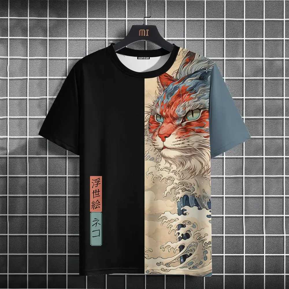 Japanese style mens T-shirt with ukiyo-e sea wave pattern printed T-shirt casual loose short sleeved T-shirt oversized mens top W250425