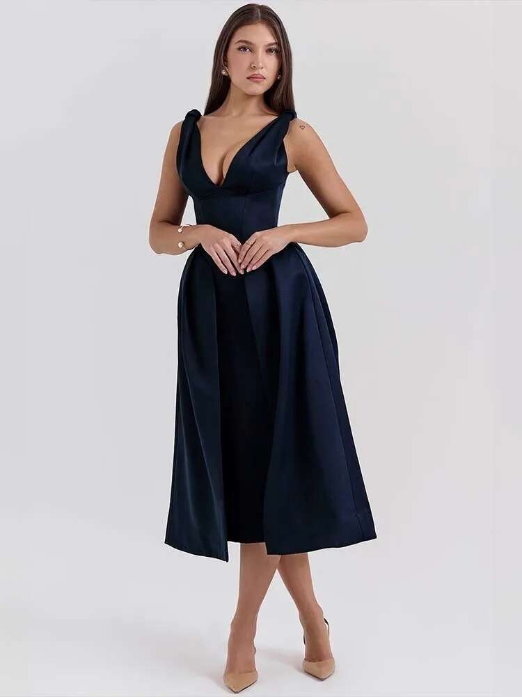 Dongdumaoyi Townlike Pleated Midi Long A Line Dress Women Spaghetti Strap Spring Summer V Neck Nightclub Sexy Party Dresses