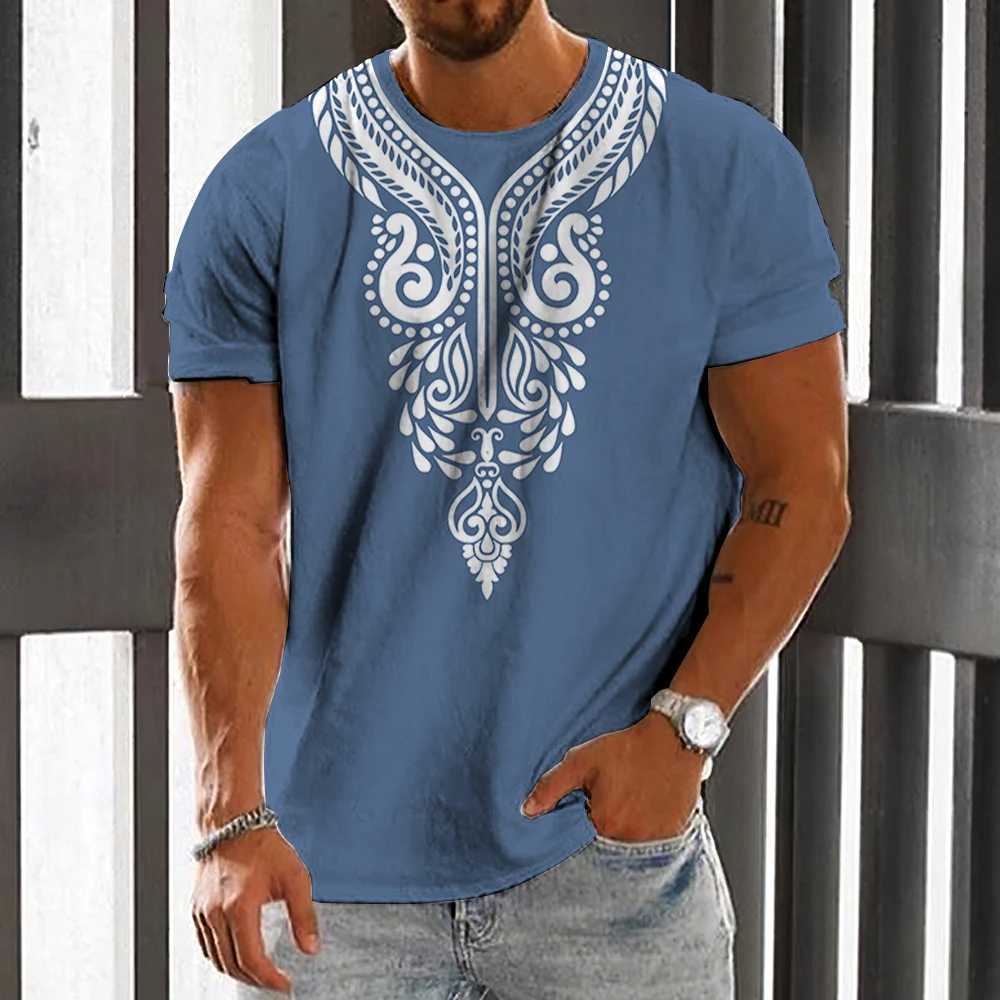 Retro mens T-shirt with ethnic print casual short sleeved summer round neck mens loose sportswear breathable mens clothing W250425