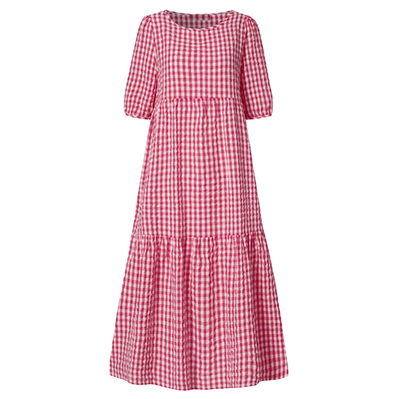 Dongdumaoyi Summer Plaid Dress Women New Street Short Sleeve Loose Casual O Neck Half A Line Dresses Vacation Beach Long Skirt
