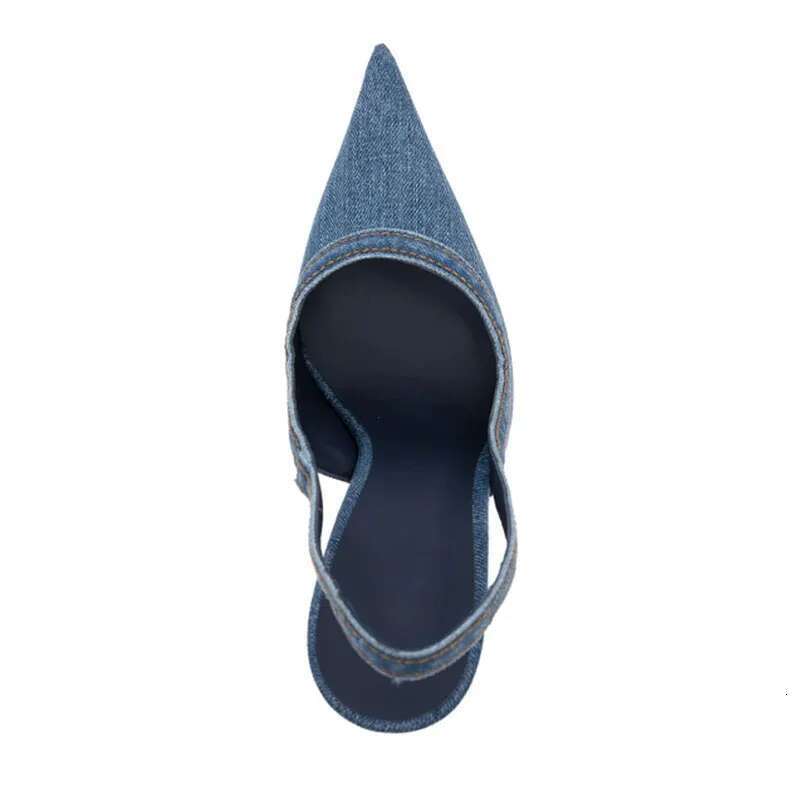 Spring and summer new pointed shallow-mouth denim shoes metal thin high-heeled daily dress fashion large size women's sandals