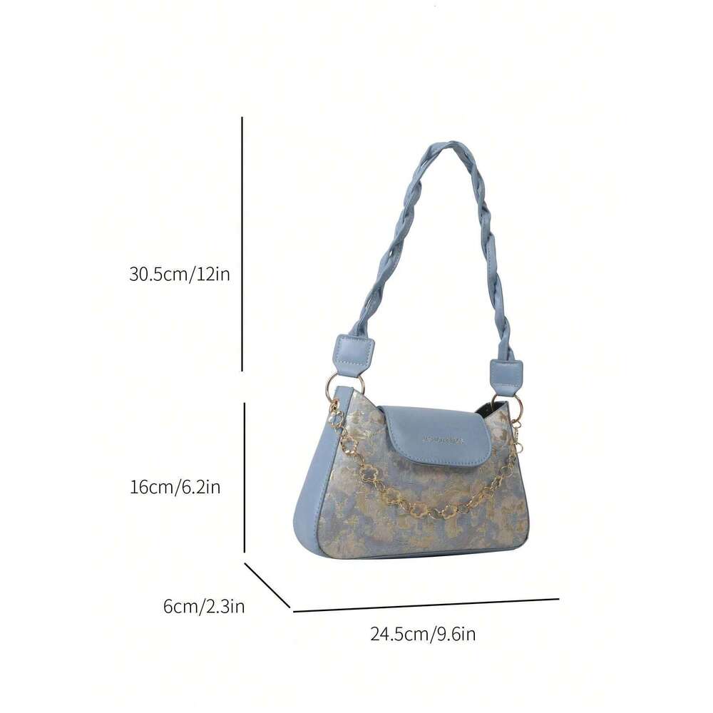 Vintage Decoration Women's Single Flower Pattern Shoulder Bag For Women, Chain Decor Underarm Purse