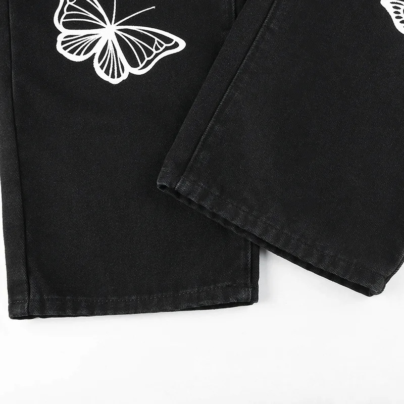 Black pocket jeans aesthetic denim pants fashionable high waisted straight streetwear 250417