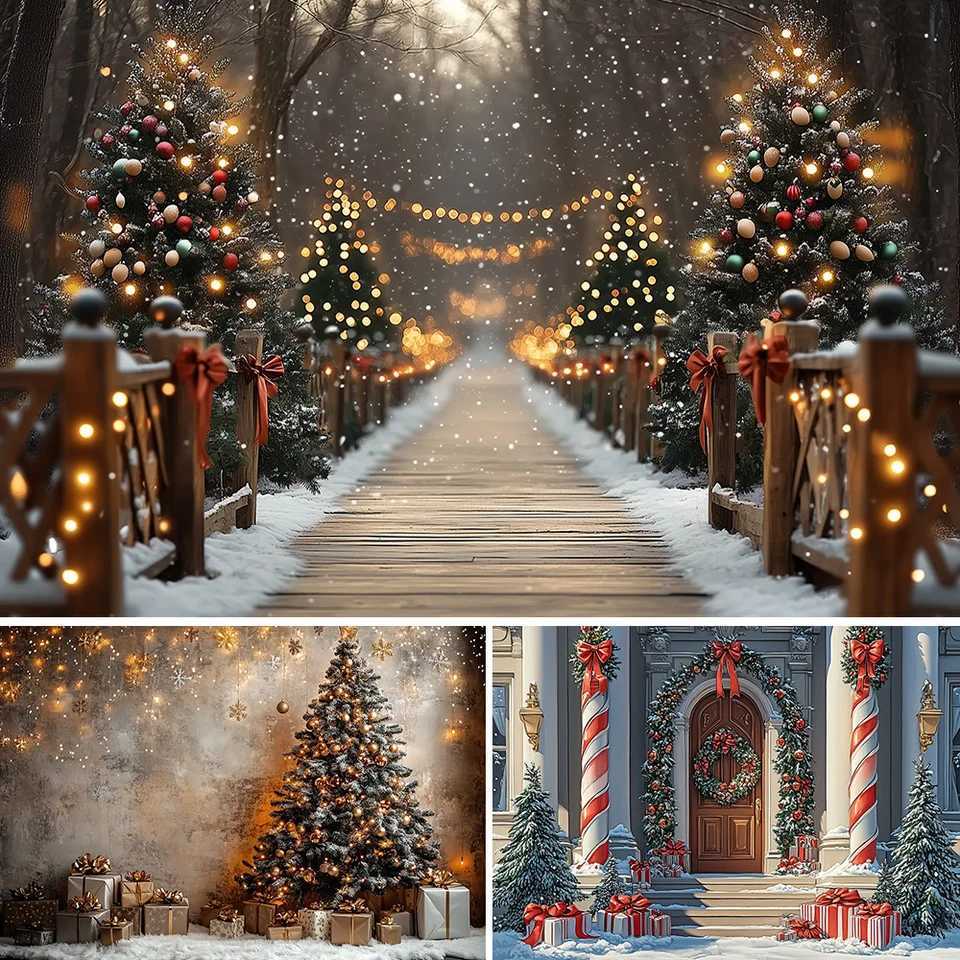 Gold Glitter Christmas Room Background Photography Xmas Tree Retro Brown Wall Gift Backdrop Winter Kid Family Party Photo StudioM251125