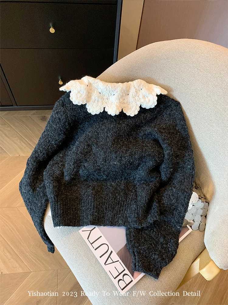 French Peter Pan Collar Luxury Cardigans Lace Up Slim Chic Womens New Knitwear 2023 Autumn Winter Streetwear Japanese FashionT251125