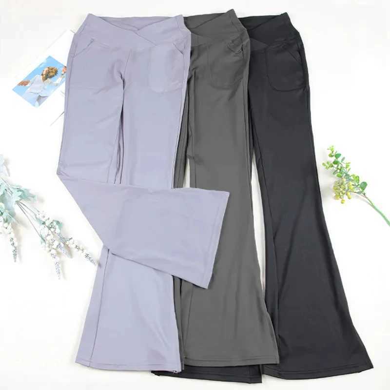 Womens yoga Flare Pants with pockets crossed waist sport waist hip lift workout tight fit split hem activity suitC250425
