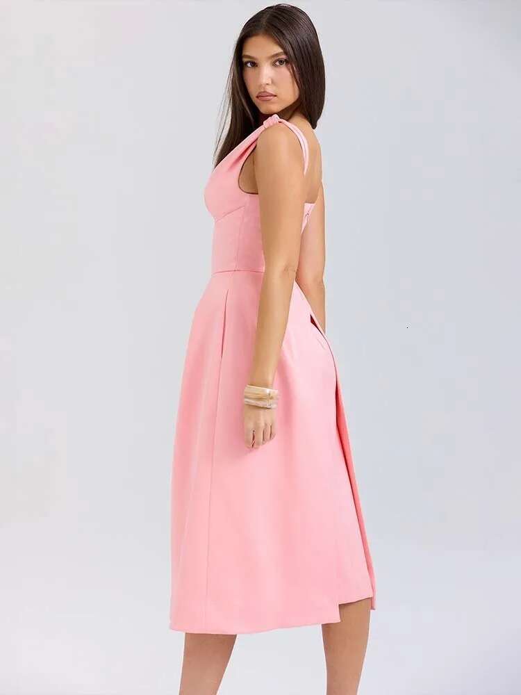Dongdumaoyi Townlike Pleated Midi Long A Line Dress Women Spaghetti Strap Spring Summer V Neck Nightclub Sexy Party Dresses