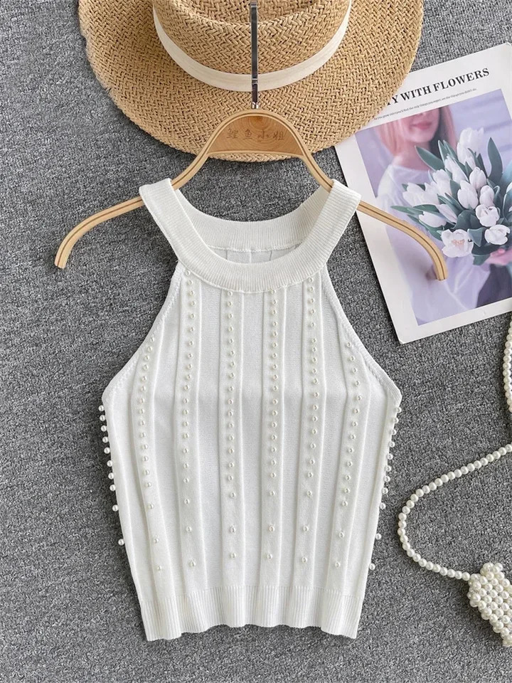 Zik Hekiy Pearls womens top strapless backless slim fit premium Korean fashion streetwear mini knit vest 250422